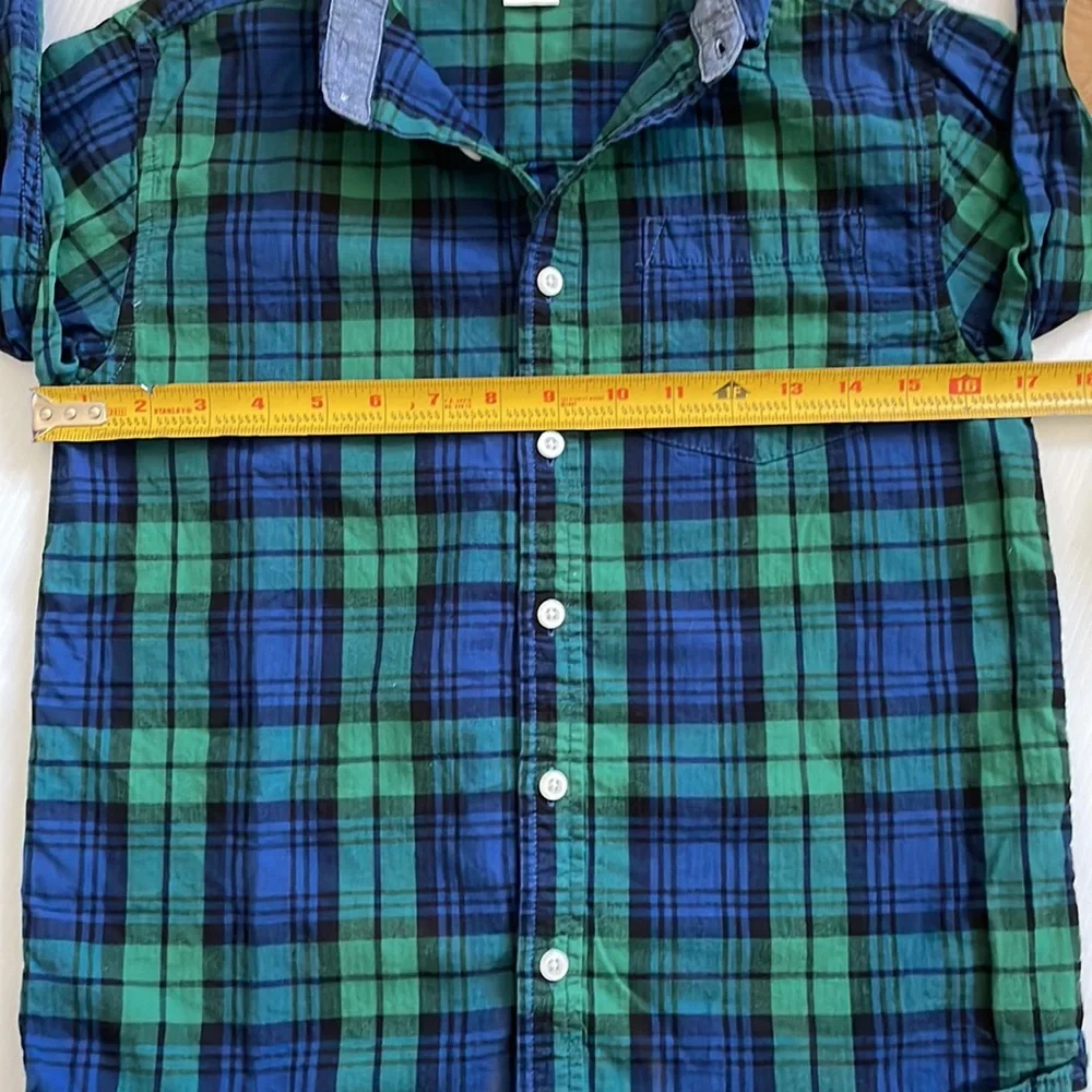 Gymboree long sleeve blue, black & green plaid button down shirt.  Boys size L